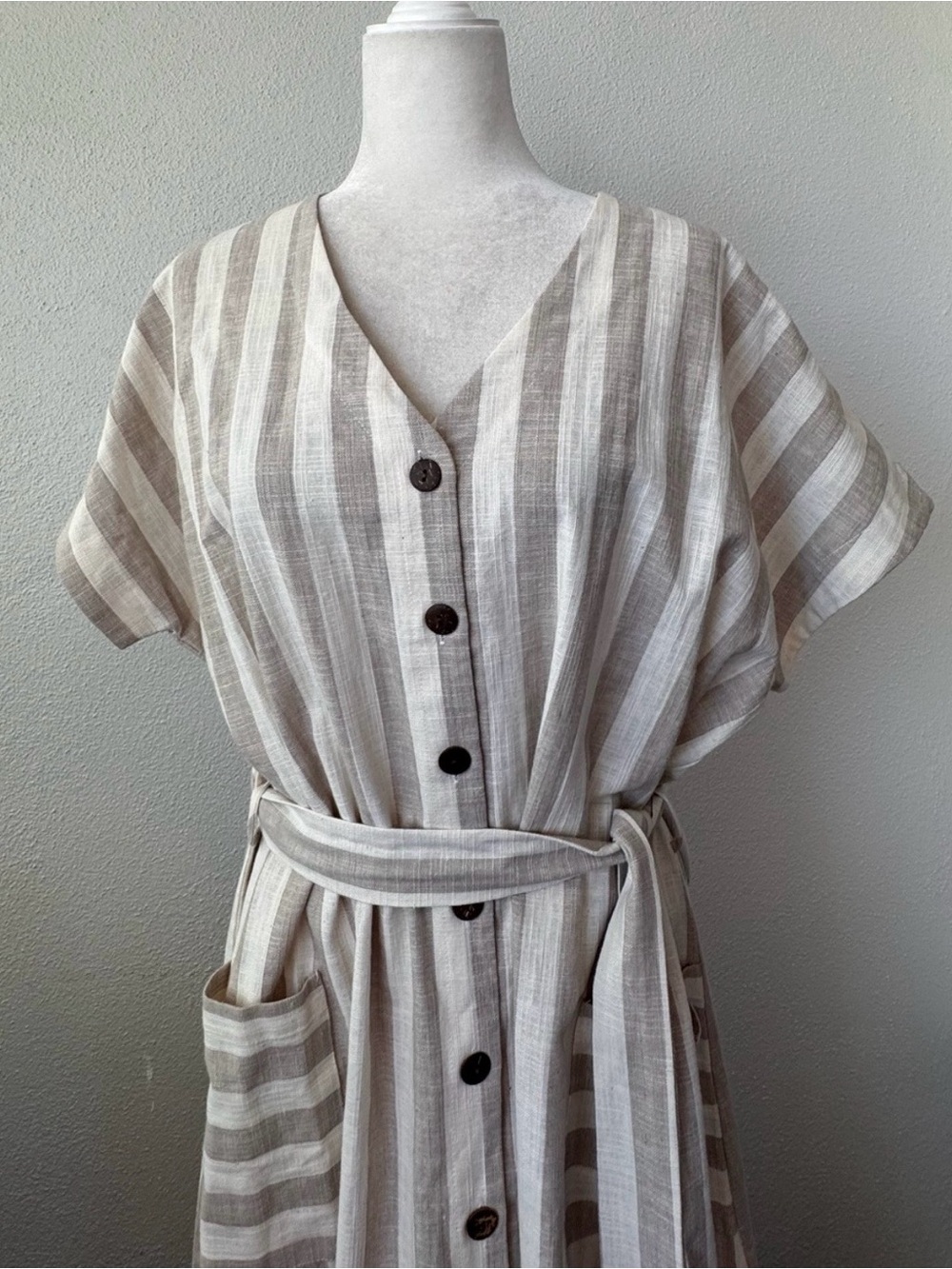 Miou Muse Linen Cotton Striped Beige Midi Shirt Dress with Belt SZ L NEW